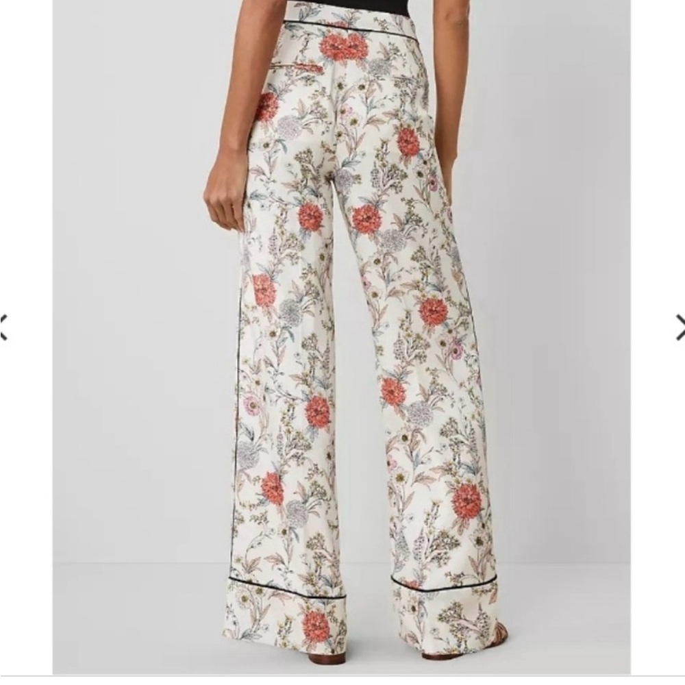 Ann Taylor Floral Print Wide-Leg Trousers with black piping - Picture 2 of 3